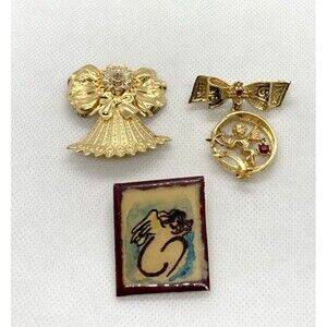 Vintage Lot of 3 Gold Tone Angel Brooch Pin 1999‎ Jane AOL '93 Red Rhinestone